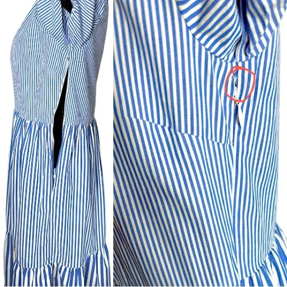 J. Crew Poplin Puff Sleeve Blue Striped Tiered Midi Ruffle Dress Size 4 GUC! - Picture 3 of 16